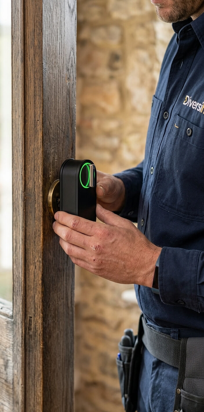 Technicien Diversihub installe a domicile une serrure connectée
