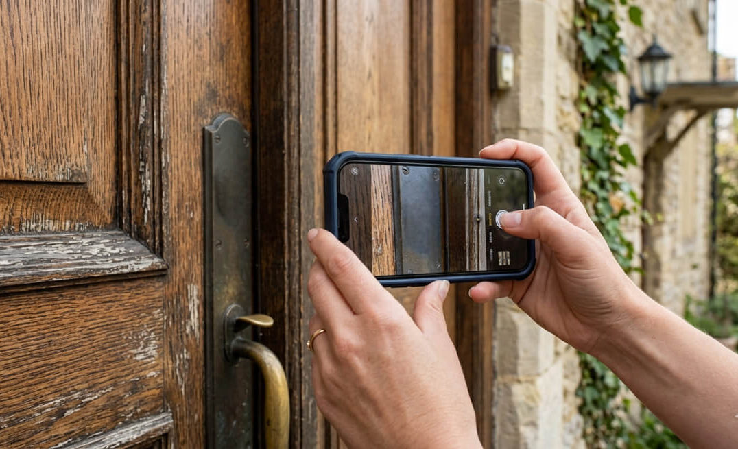Main avec smartphone type Apple qui prend en photo sa serrure pour diagnostic Diversihub