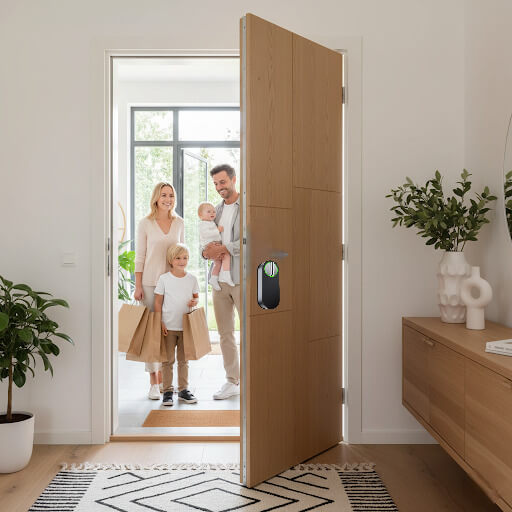 Famille épanoui par la facilité et la simplicité de l'ouverture de leur accès avec une serrure connectée Diversihub