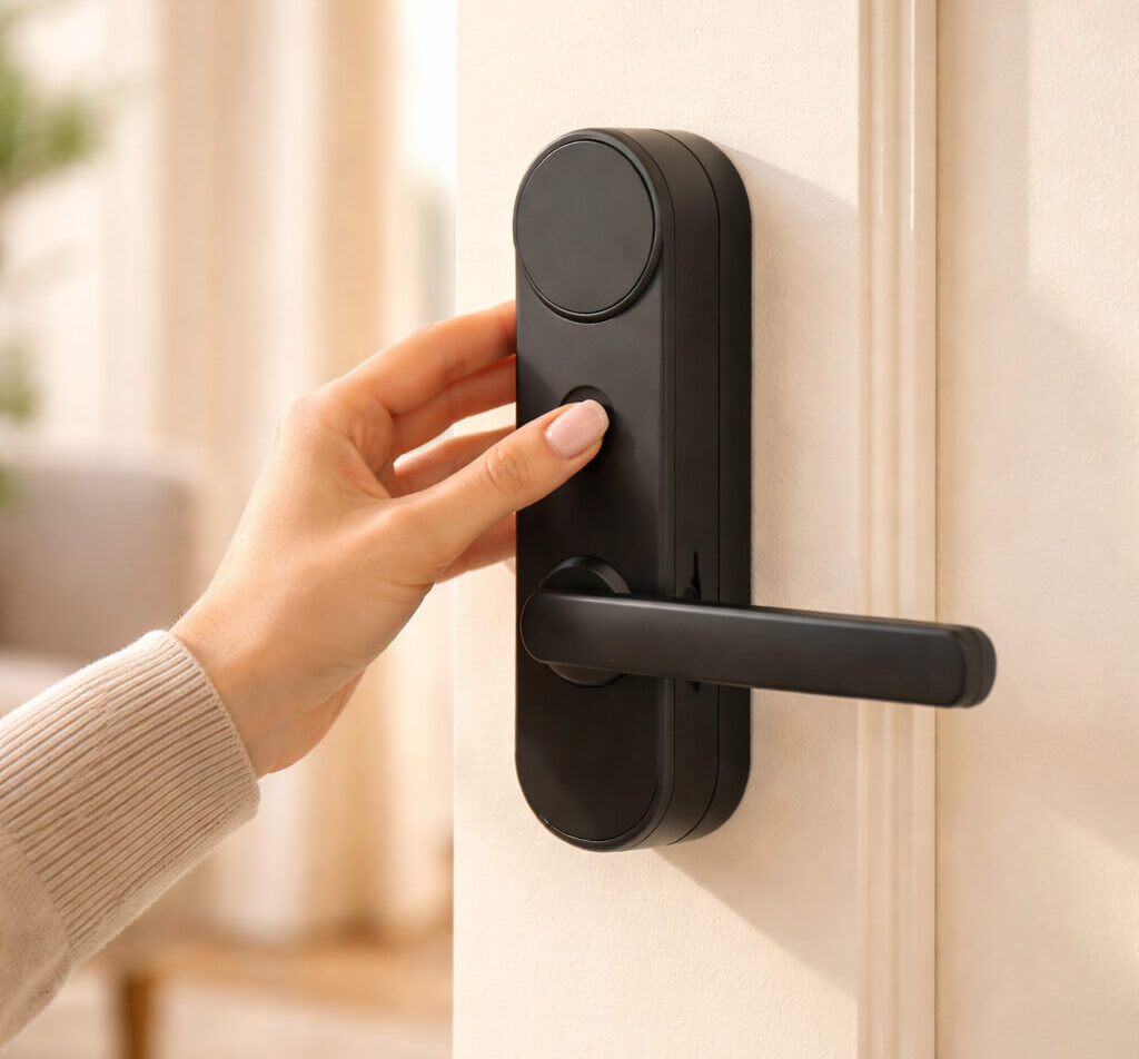 Main tenant une poignee de porte serrure connectee Diversihub