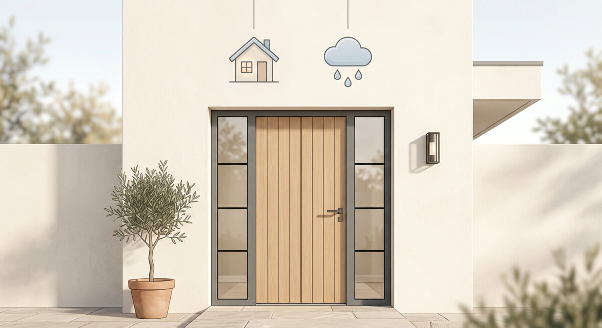 Illustration minimaliste d'une porte vue de face, avec deux petites icônes au- dessus : une maison (intérieur) et un nuage/pluie (extérieur). Style simple, lignes fines, couleurs douces, sans texte, sans visage, ambiance premium.