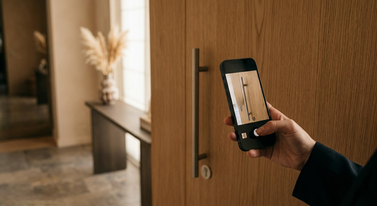 Une main tenant un smartphone en train de prendre une photo d'une porte. Vue de côté, ambiance chaleureuse, style premium minimaliste, sans visage, sans texte.