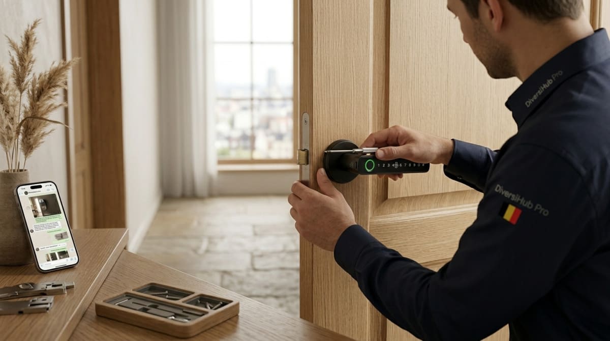Installation a domicile, un technicien installe une serrure connecté Diversihub