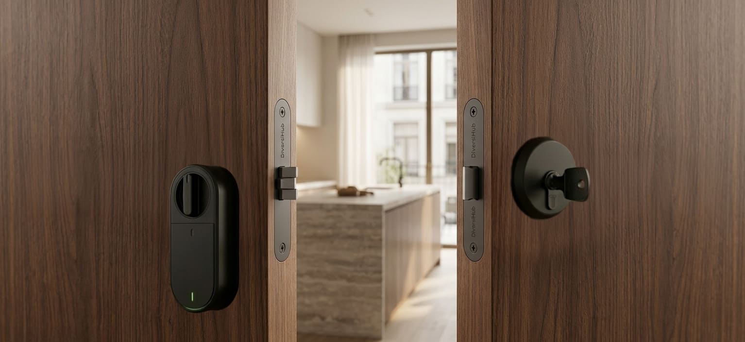 Serrure connectée DiversiHub installée sur une porte en bois – vue intérieure