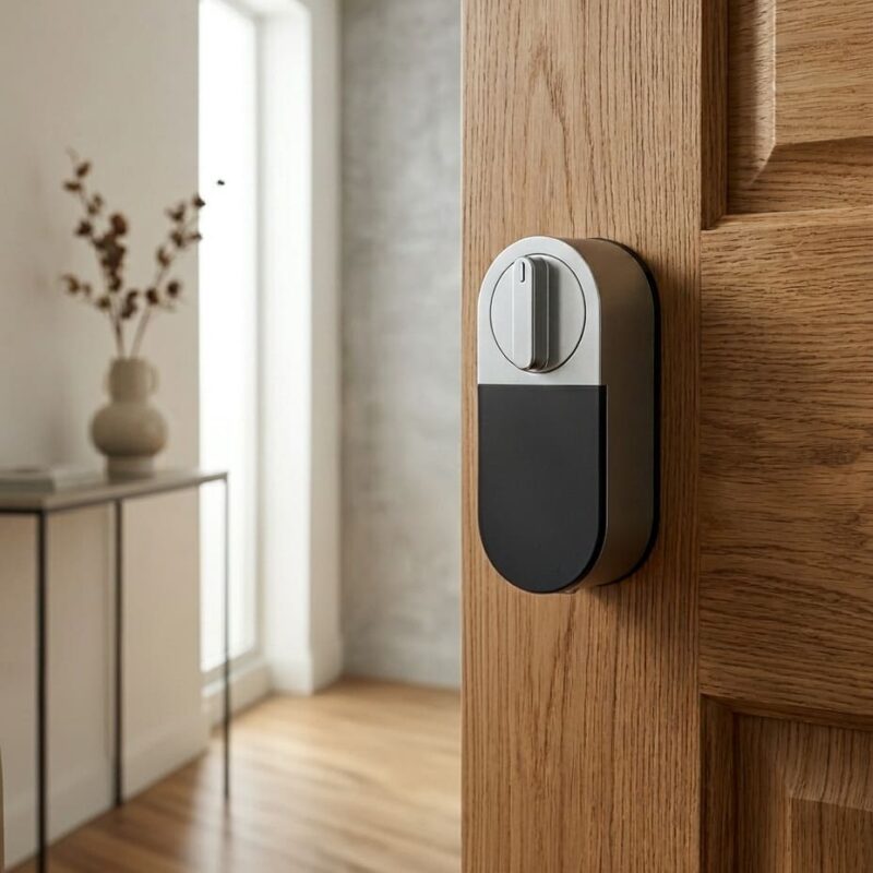 Serrure connectée T31 DiversiHub installée sur une porte ouverte – vue intérieure