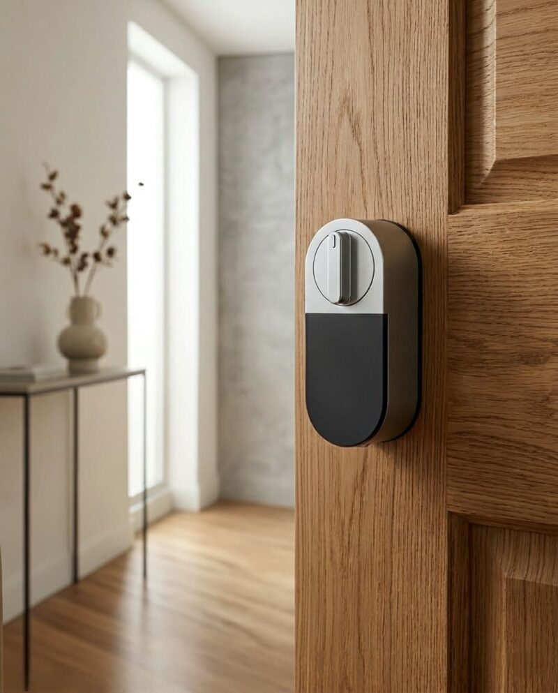 Serrure connectée T31 DiversiHub installée sur une porte ouverte – vue intérieure