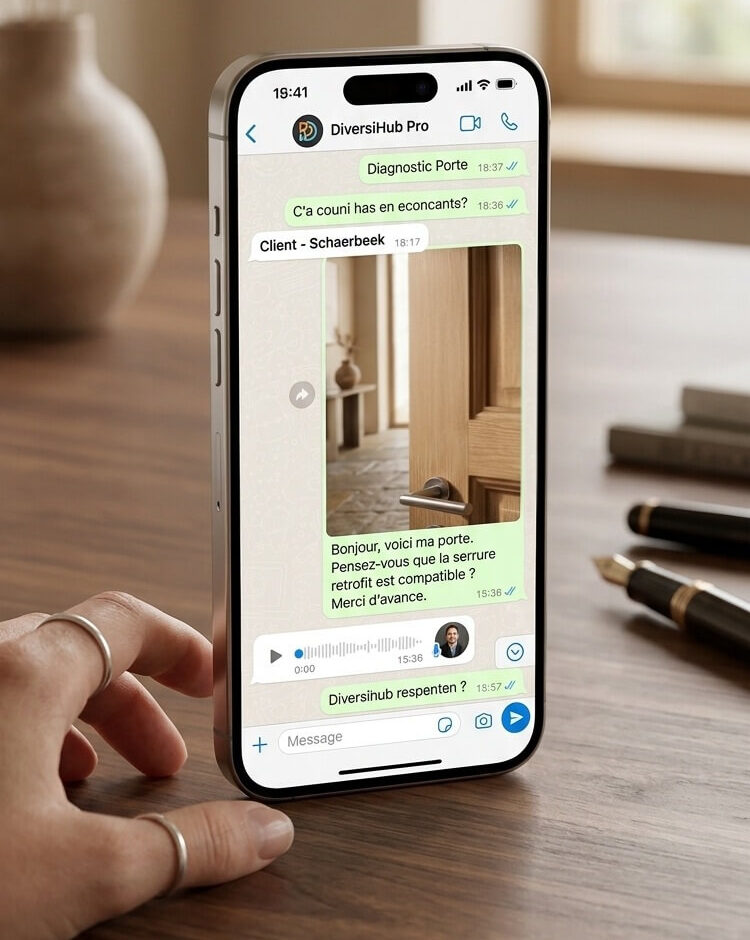 Illustration main envoi un diagnostic diversihub avec WhatsApp via un smartphone