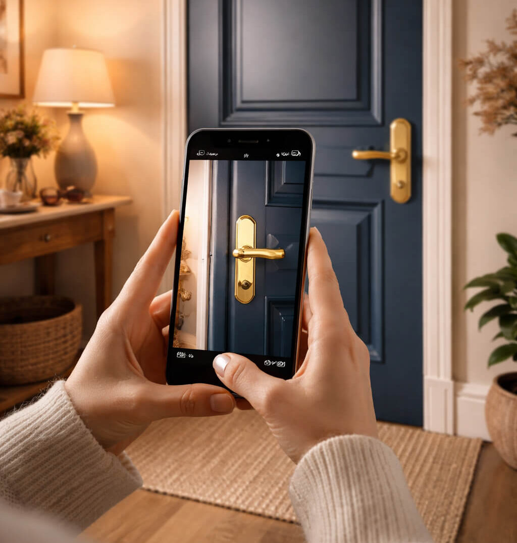 Une personne fait une photo de sa porte avec un smartphone pour le diagnostic Diversihub