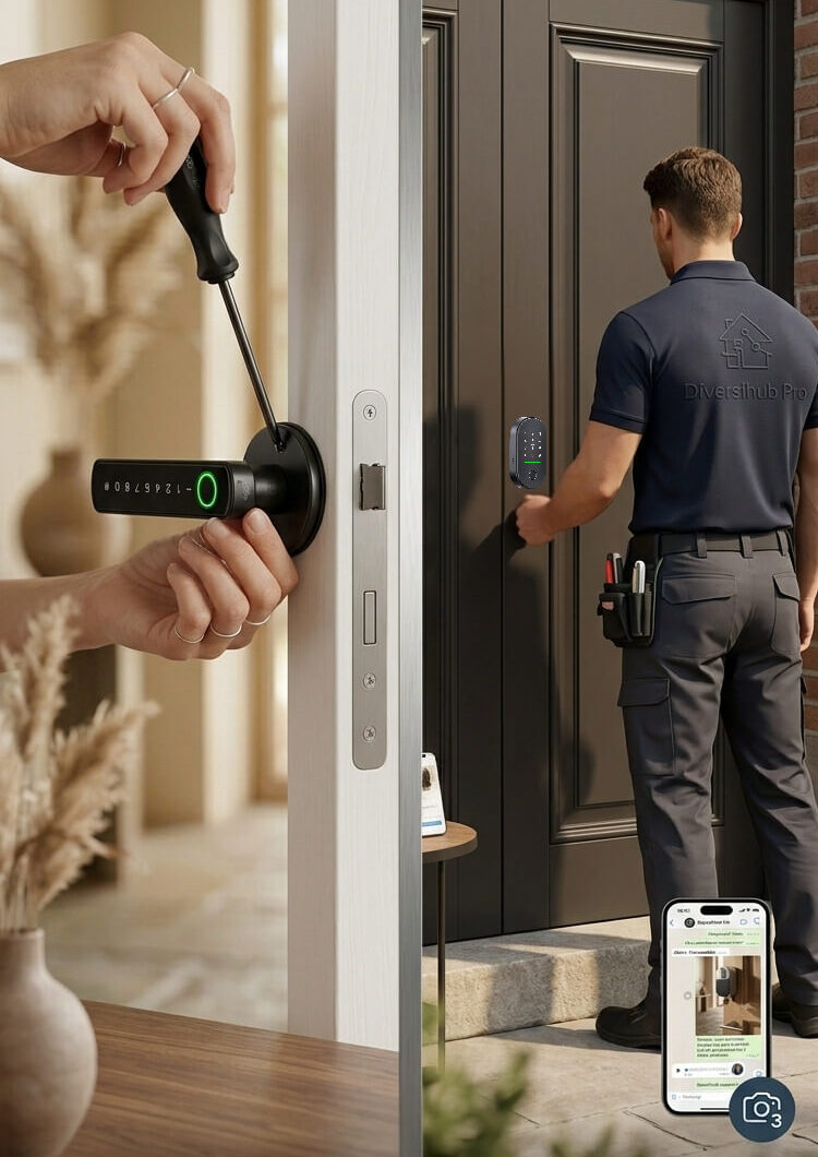 Installation professionnelle d’une serrure connectée DiversiHub avec configuration mobile