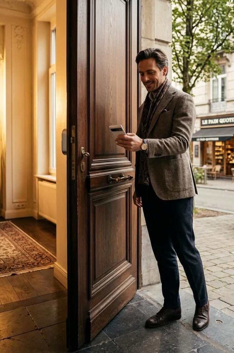 Porte d’entrée moderne équipée d’une serrure connectée sans abonnement – DiversiHub