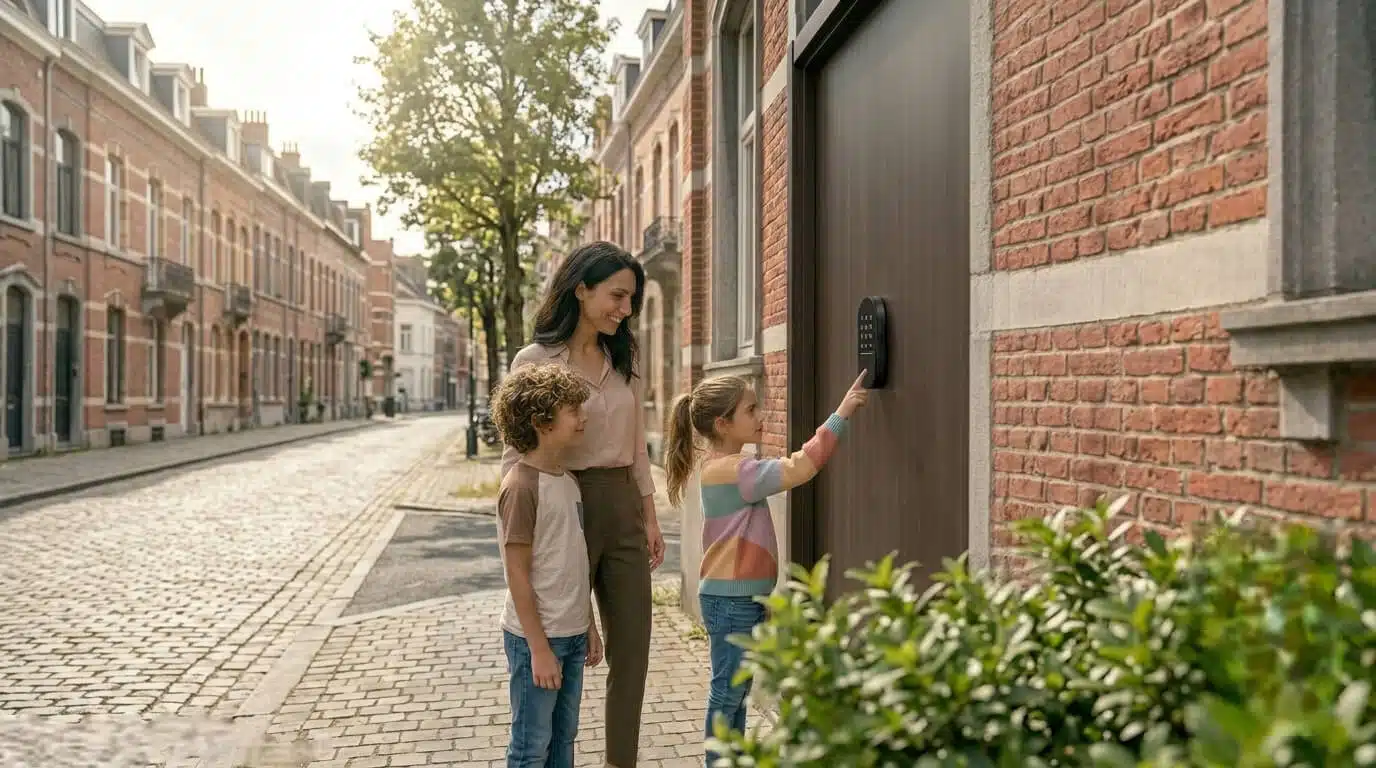 Famille ouvrant sa porte avec une serrure connectée DiversiHub
