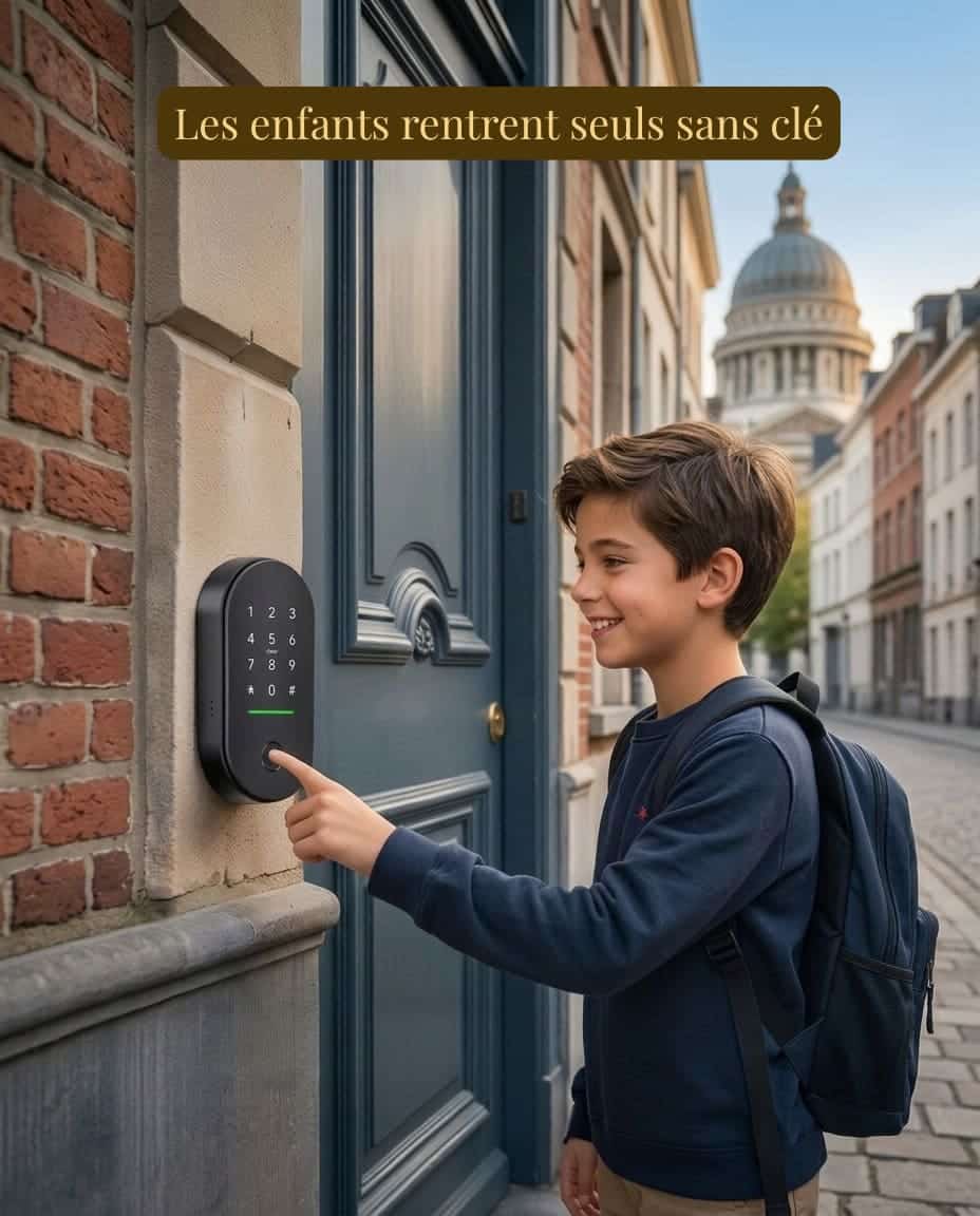 un enfant rentre seul en ouvrant ka porte avec une empreinte digitale