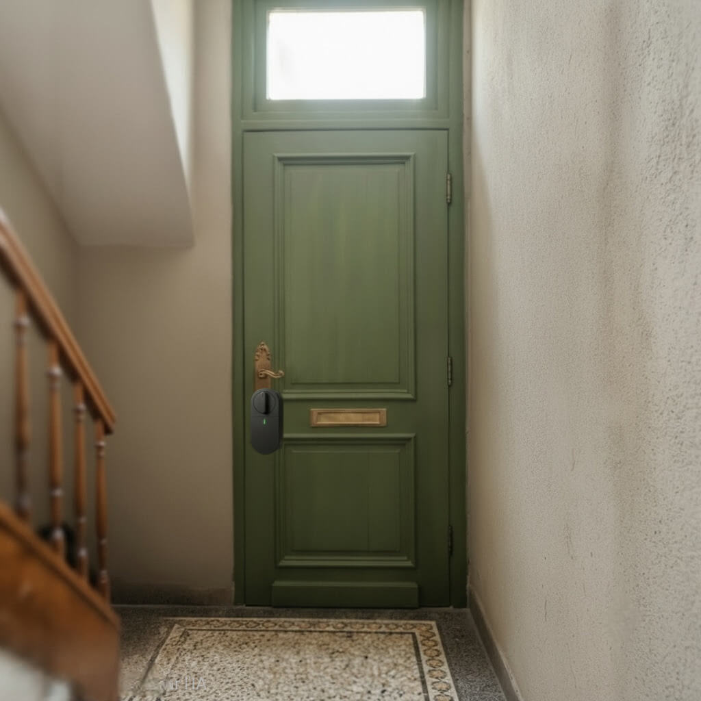 Serrure connectée installé sur une porte unifamiliale