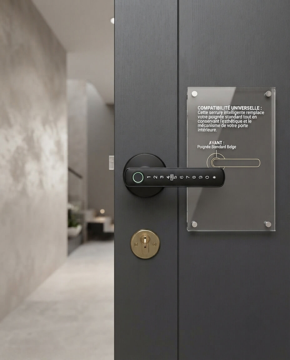 Poignée connectée installée sur une porte belge)