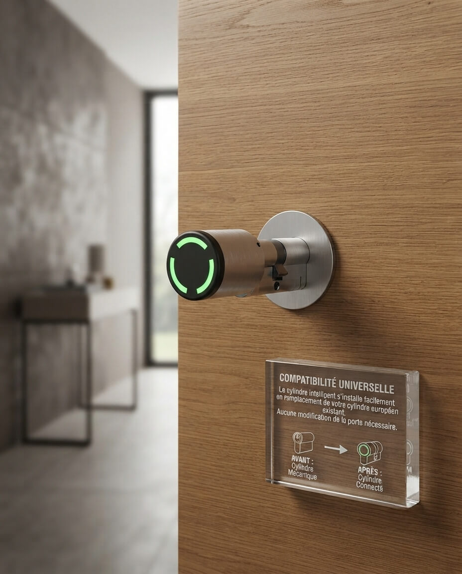 Cylindre connecté installé sur une porte)
