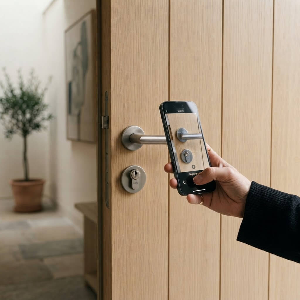 Une personne fait une photo côté extérieur de la porte au niveau de la serrure pour la diagnostic DiversiHub