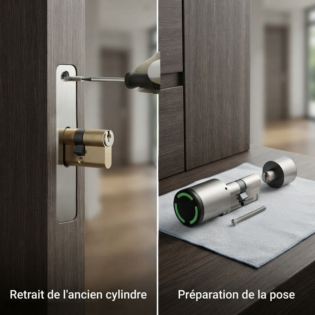 retrait de l'ancien cylindre / pose du nouveau cylindre,