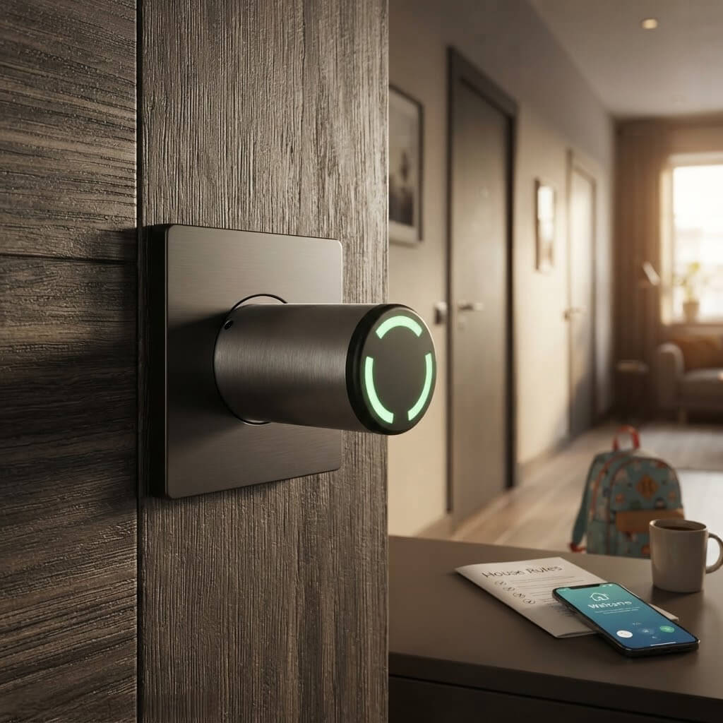 une serrure connectée fixe et installée dans une porte d'un appartement