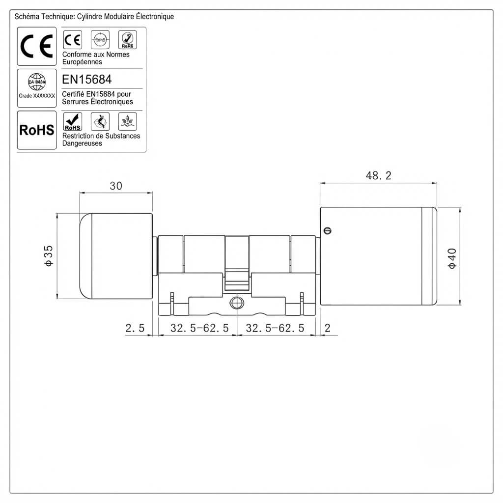 Schéma technique du cylindre connecté IP65 — dimensions 32,5/32,5 mm certificat