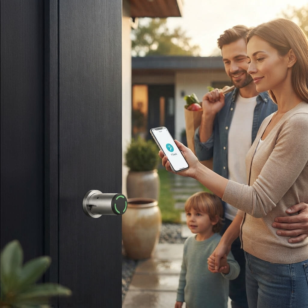 Famille qui utilise une serrure connectées paisiblement avec le cylindre connectée