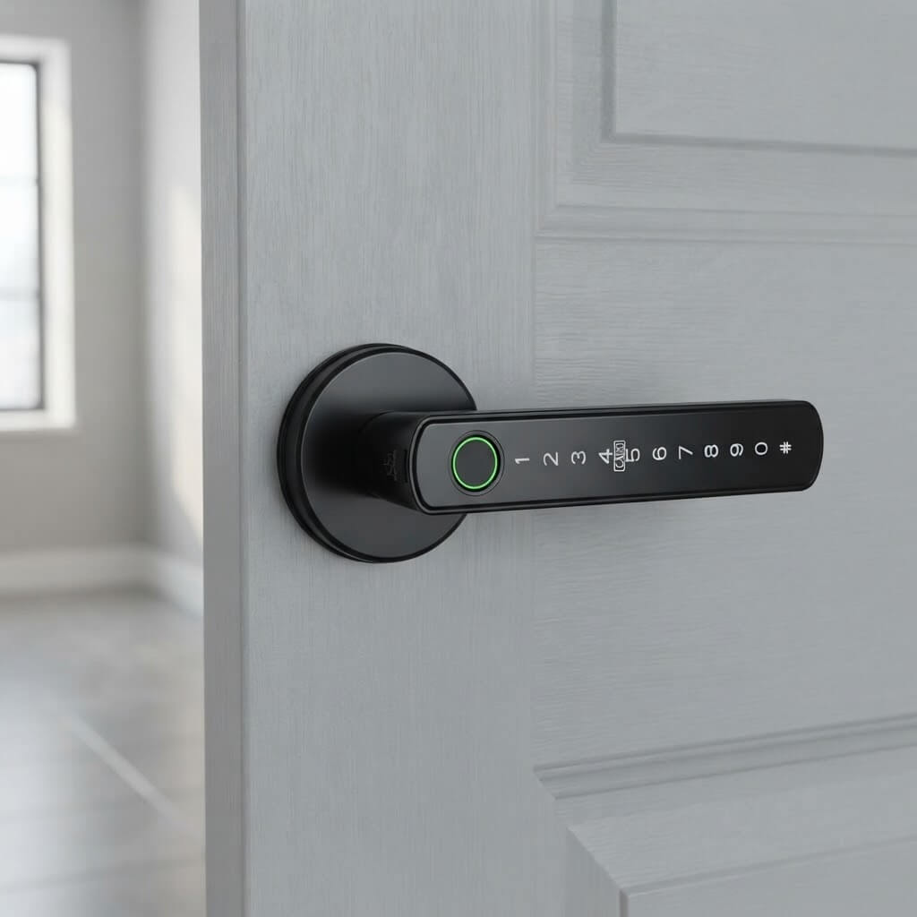 Poignée connectée Tuya installée sur une porte intérieure
