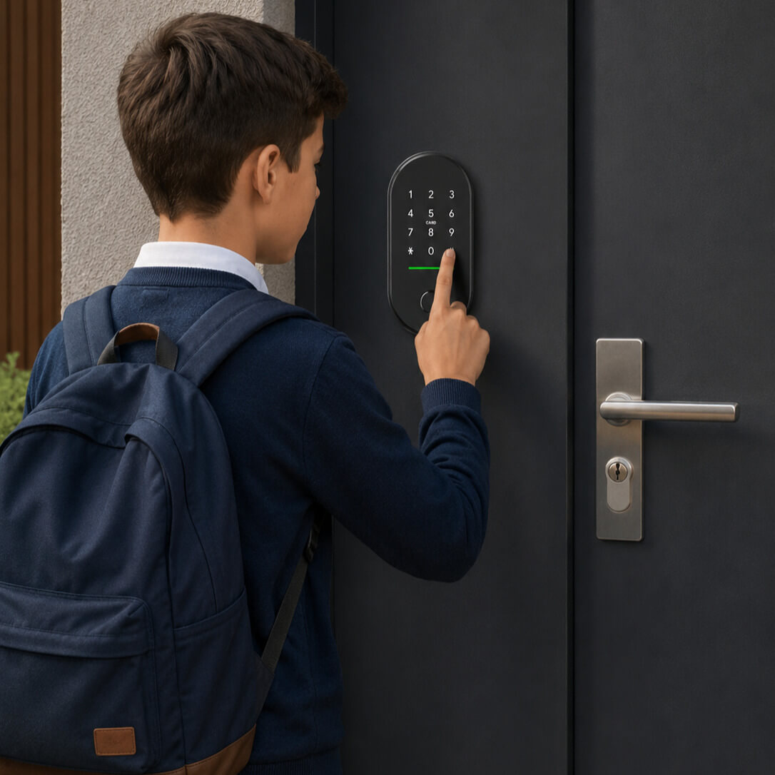 Enfants qui ouvre la porte Avec une serrure connectée