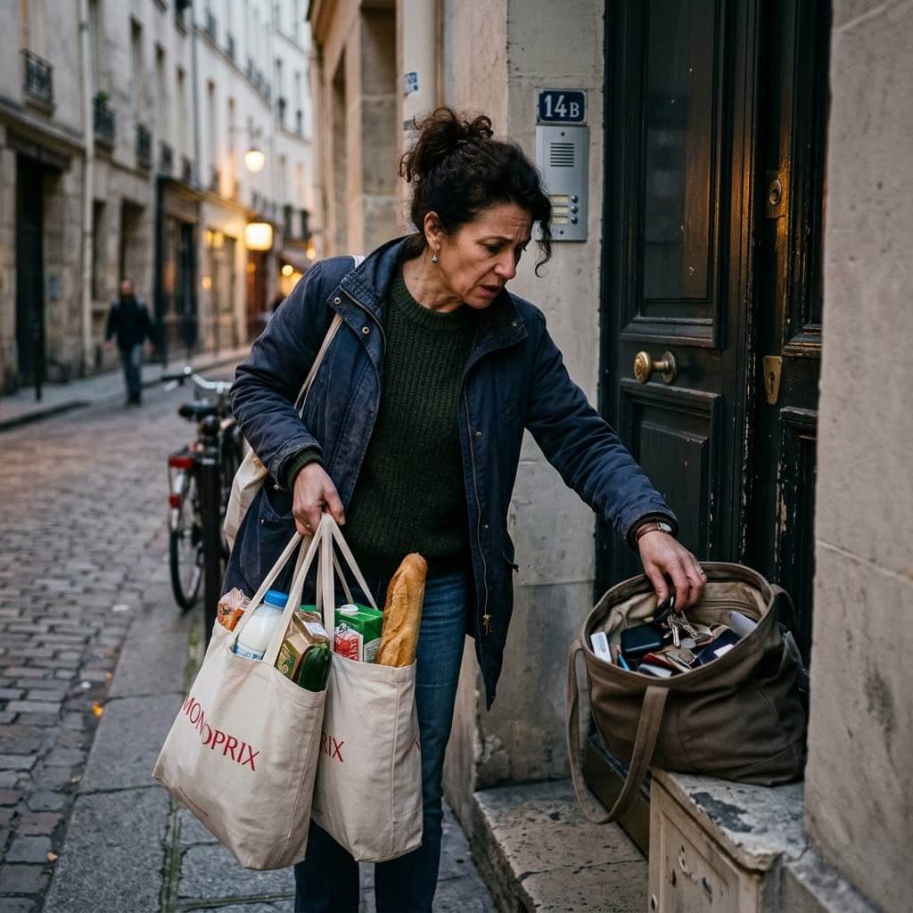 Personne cherchant ses clés devant sa porte après les courses