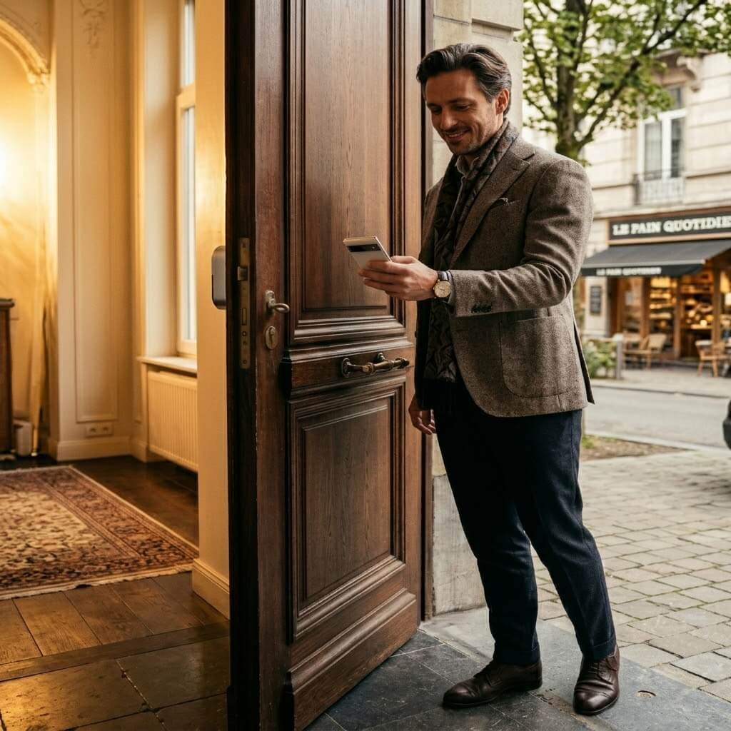 Un propriétaire qui ouvre sa porte Muni d'une serrure connectée Avec son smartphone