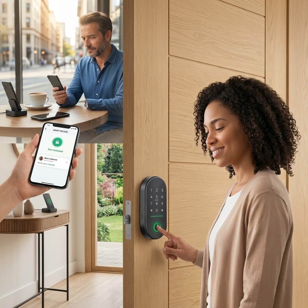Un propriétaire qui ouvre sa porte avec une serrure connectée à distance.