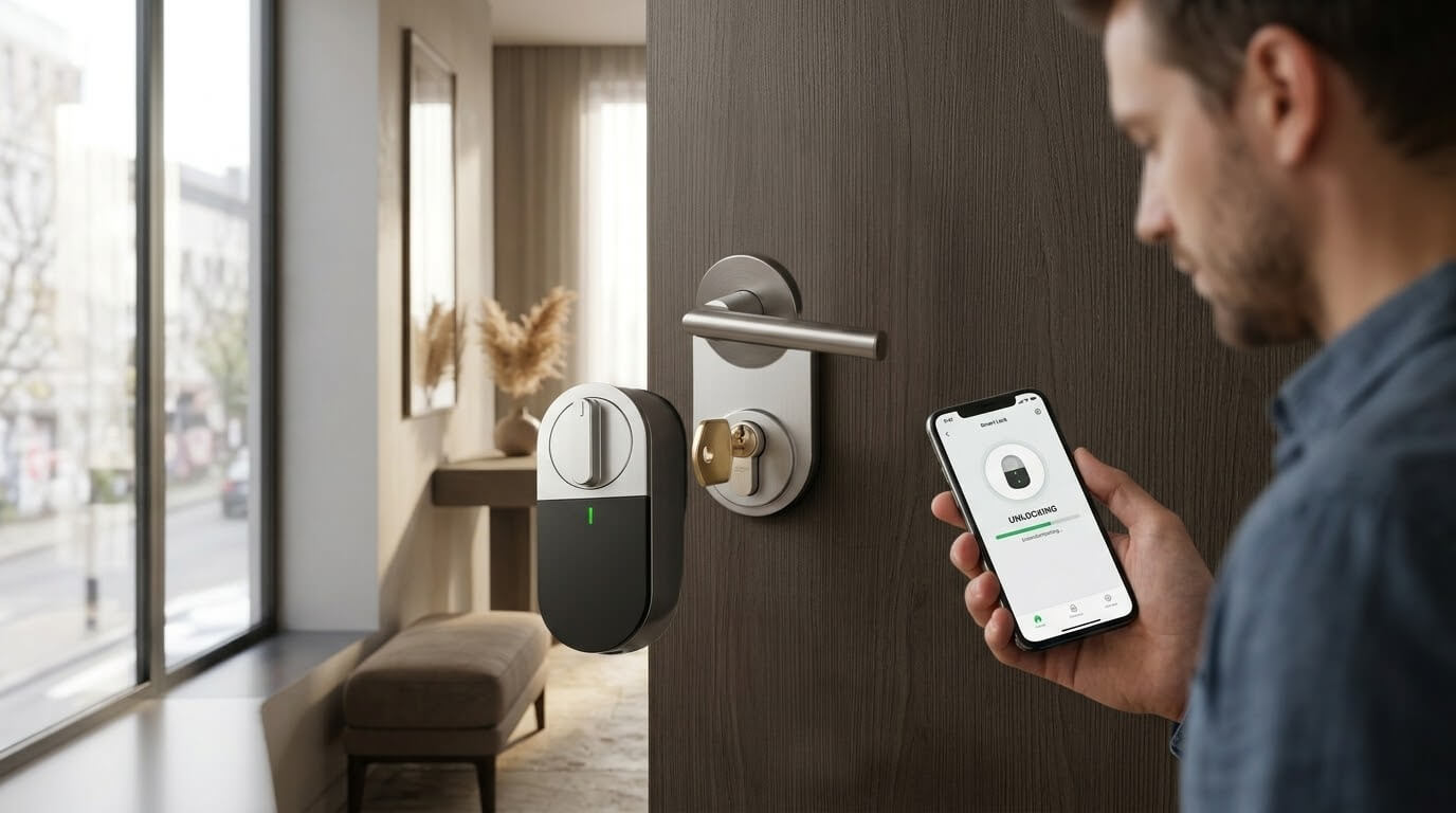 Serrure connectée rétrofit T31 installée à l’intérieur d’une porte de logement loué